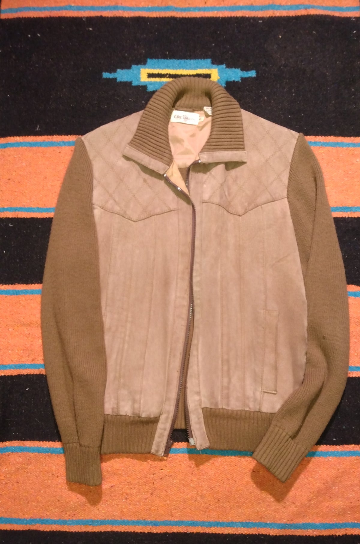 Vintage paneled zip up leather sweater jacket tan size medium