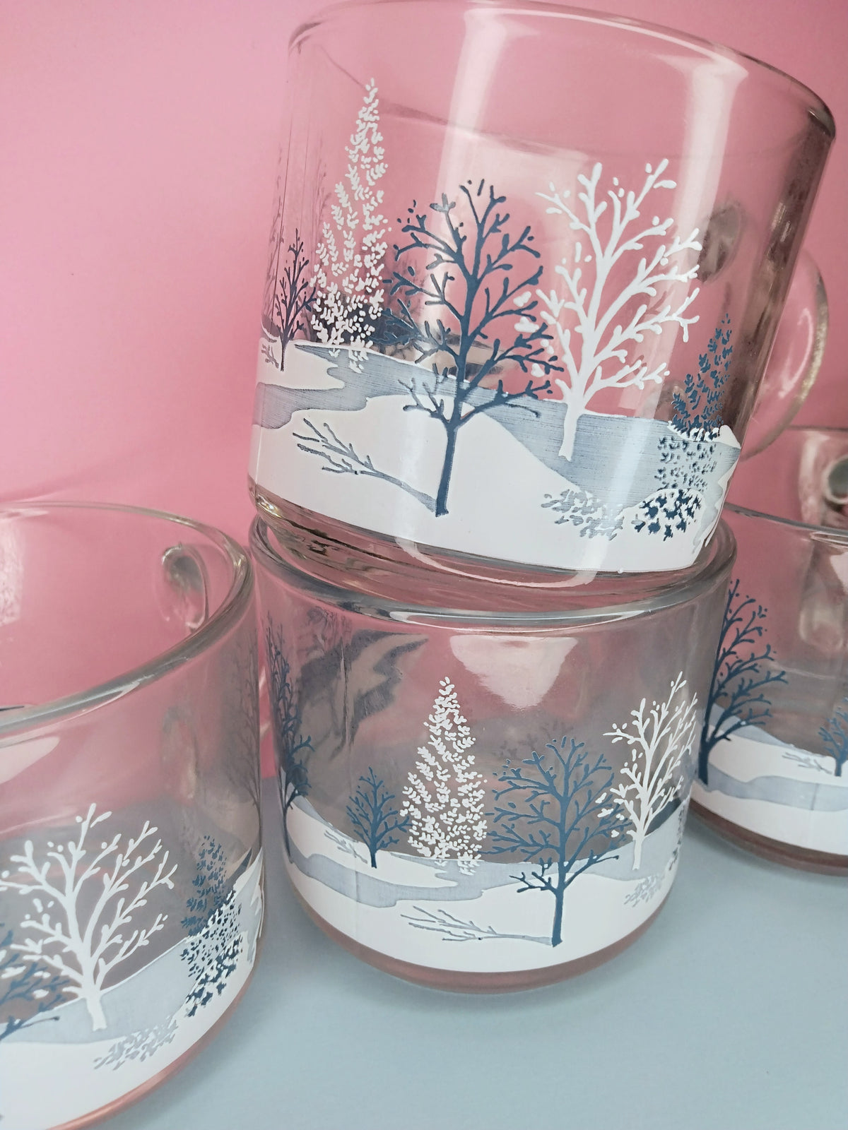 Set of 4 vintage mugs with winter scene