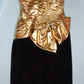 1980s gold taffeta and black velvet strapless mini dress