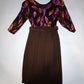 Vintage 1980s cocktail dress with purple and gold iridescent feathers