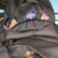 Vintage 1980s cocktail dress with purple and gold iridescent feathers